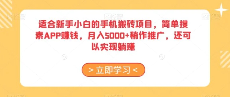 适合新手小白的手机搬砖项目，简单搜素APP赚钱，月入5000+稍作推广，还可以实现躺赚【揭秘】-黑马创业网