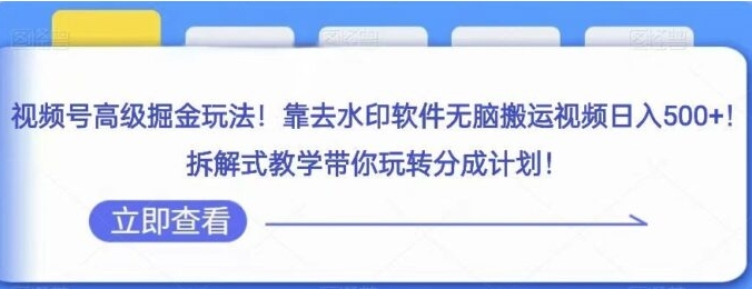 视频号高级掘金玩法，靠去水印软件无脑搬运视频日入500+，拆解式教学带你玩转分成计划【揭秘】-黑马创业网
