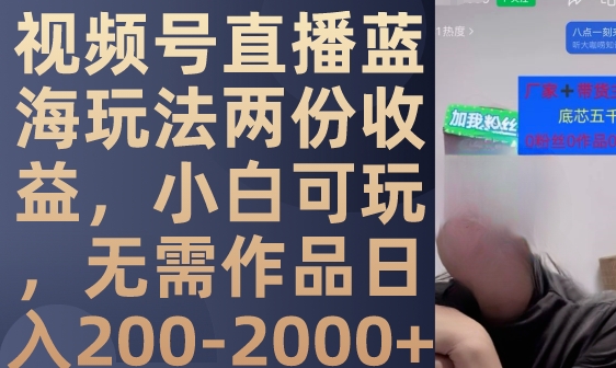 视频号直播蓝海玩法两份收益，小白可玩，无需作品日入200-2000+-黑马创业网