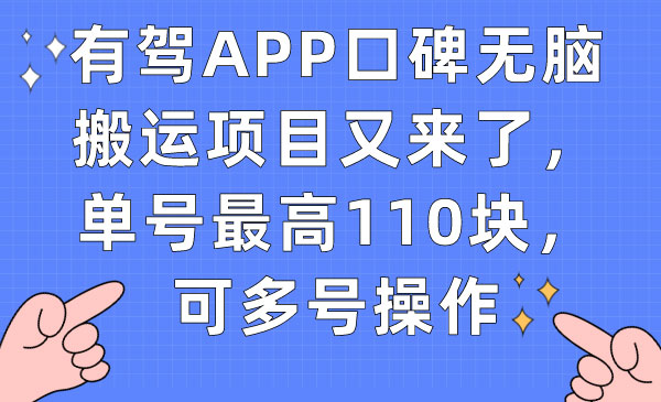 《有驾APP口碑无脑搬运项目》单号最高110块，可多号操作-黑马创业网