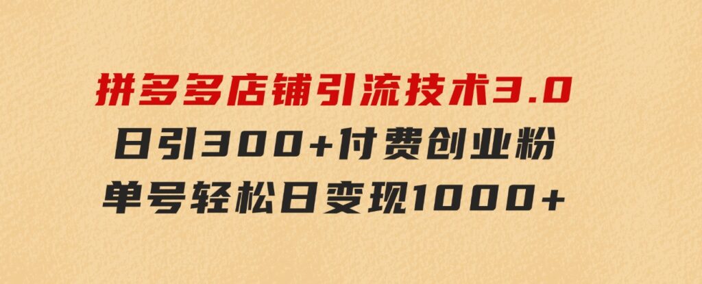 拼多多店铺引流技术3.0，日引300+付费创业粉，单号轻松日变现1000+-黑马创业网