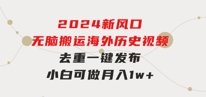 2024新风口，无脑搬运海外历史视频，去重一键发布，小白可做，月入1w不…-黑马创业网